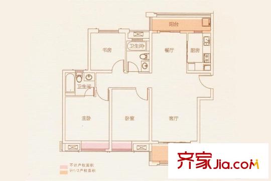 中海朝阳郡三期熙岸b户型 3室2厅2卫1厨