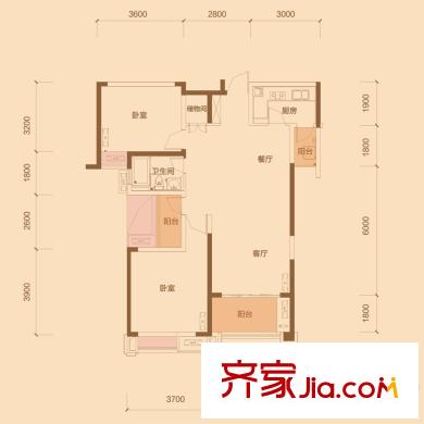 中海朝阳郡观园组团1、2、3#楼高层户型A户型 3室2厅1卫1厨