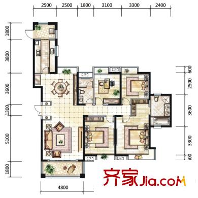 國貿(mào)天琴灣戶型圖一期高層5號樓、17號樓標(biāo)準(zhǔn)層D2戶型 4室2廳2衛(wèi)1廚