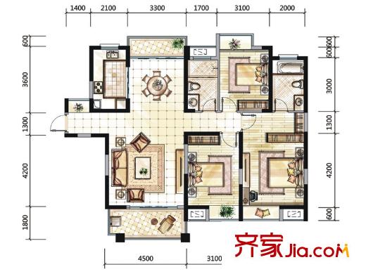 國貿(mào)天琴灣戶型圖一期高層13號樓標(biāo)準(zhǔn)層C4戶型 3室2廳2衛(wèi)1廚