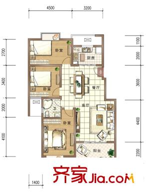 香缇溪岸小高层9#楼G11户型 3室2厅1卫1厨