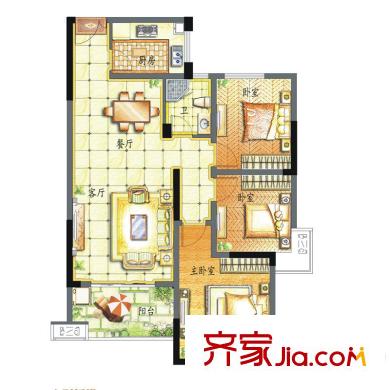 香缇溪岸10号楼高层D2户型 3室2厅1卫1厨