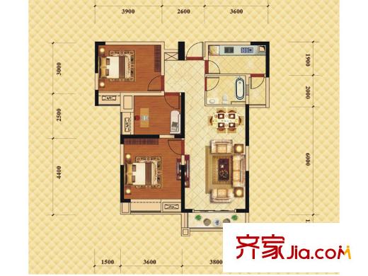 中海朝阳郡二期铂宫2-7#楼C户型户型图 3室2厅1卫1厨