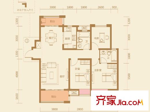 中海朝阳郡三期熙岸1#、2#B户型 3室2厅2卫1厨