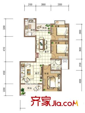 香缇溪岸小高层9#楼G10户型 3室2厅1卫1厨