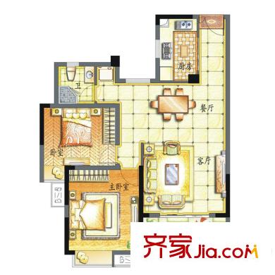 香缇溪岸11号楼高层G2户型 2室2厅1卫1厨