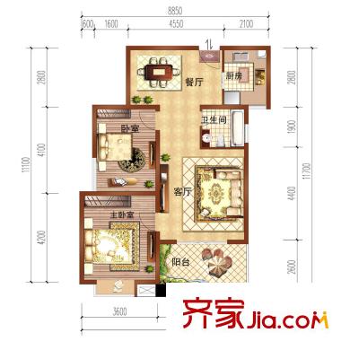 香缇溪岸高层1#楼G3户型 2室2厅1卫1厨