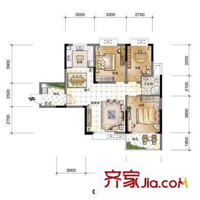 香缇溪岸高层G8户型 3室2厅1卫1厨