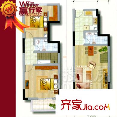 东方塞纳户型图B复式 2室2厅2卫1厨