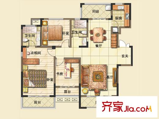 方大上上城一期電梯洋房J3戶(hù)型 3室2廳2衛(wèi)1廚
