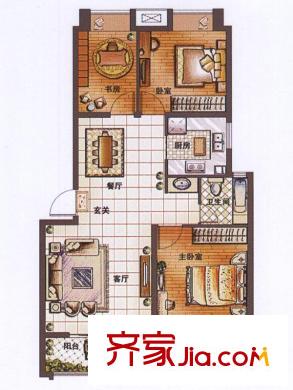 绿都丹石街区户型图多层B户型 3室2厅1卫1厨