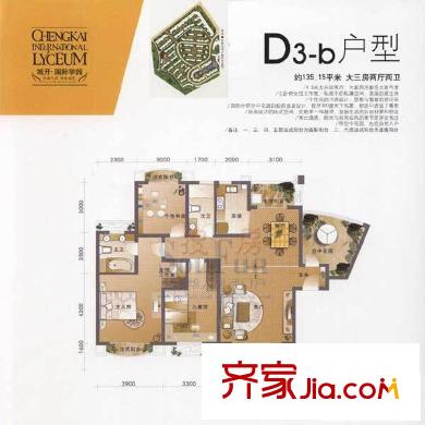 城開國際學(xué)園戶型圖D3-b戶型（三期） 3室2廳2衛(wèi)1廚