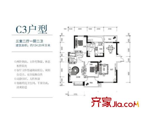 紅谷春天戶型圖C3戶型 3室2廳2衛(wèi) 134.2平方米 3室2廳2衛(wèi)1廚