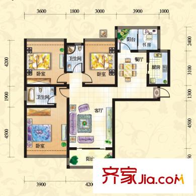 紅谷十二庭戶型圖二期“空中院館”K1戶型 3室2廳2衛(wèi)1廚