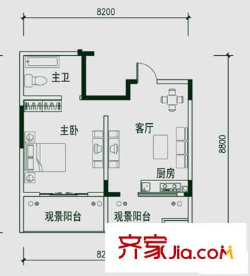 紅谷十二庭戶型圖高層A戶型 1室1廳1衛(wèi)1廚
