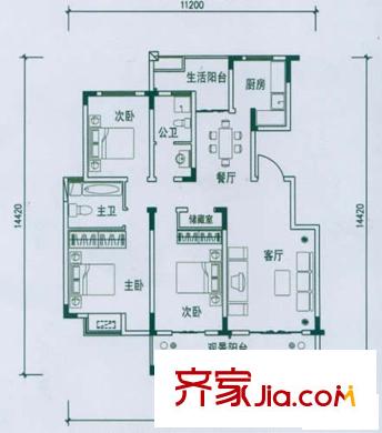 红谷十二庭户型图高层g户型 3室2厅2卫1厨