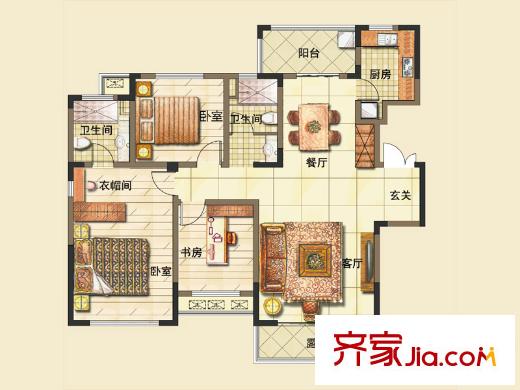 方大上上城一期電梯洋房J4戶(hù)型 3室2廳2衛(wèi)1廚