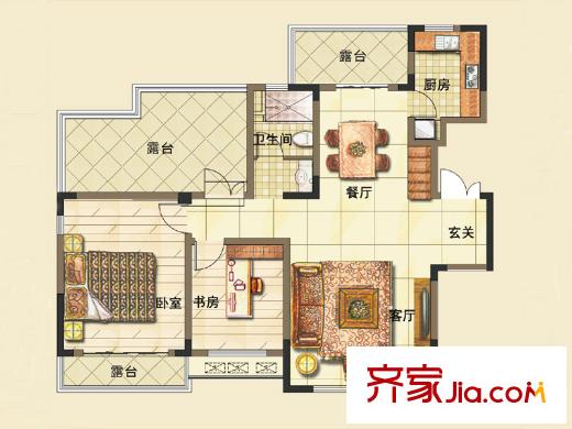 方大上上城一期電梯洋房J6戶(hù)型 2室2廳1衛(wèi)1廚