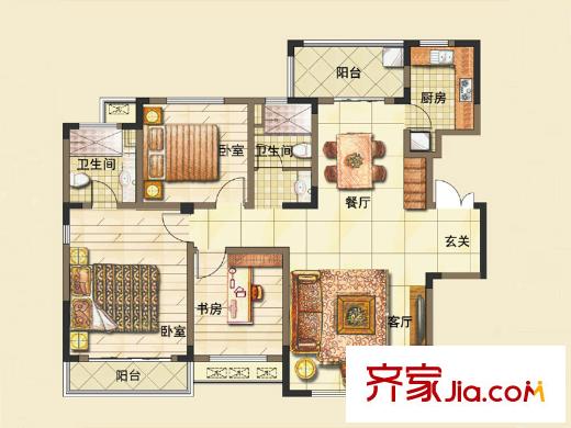 方大上上城一期電梯洋房J5戶(hù)型 3室2廳2衛(wèi)1廚