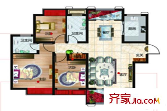 綠地玫瑰城一期高層A2戶型 3室2廳2衛(wèi)1廚