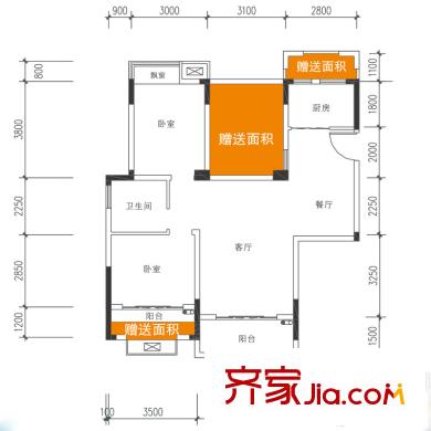 保集半島戶型圖高層蝶變1號兩房戶型 2室2廳1衛(wèi)1廚