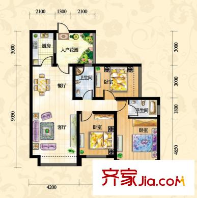 紅谷十二庭戶型圖二期37#J2戶型 2室2廳2衛(wèi)1廚