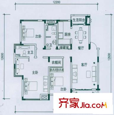 紅谷十二庭戶型圖高層F戶型 3室2廳2衛(wèi)1廚