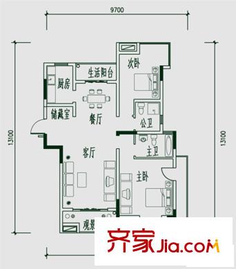 紅谷十二庭戶型圖高層C戶型 2室2廳2衛(wèi)1廚