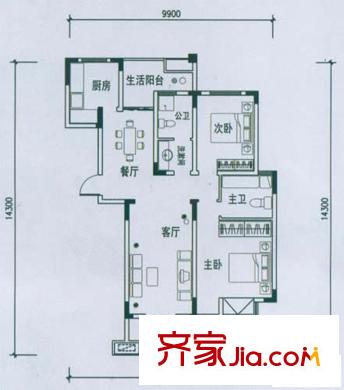 紅谷十二庭戶型圖高層B戶型 2室2廳2衛(wèi)1廚