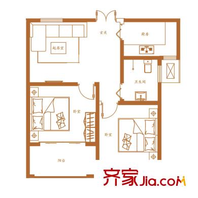 綠地海域香廷戶型圖電梯洋墅C戶型 2室1廳1衛(wèi)1廚