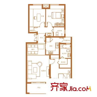 綠地海域香廷戶型圖電梯洋墅B戶型 3室2廳2衛(wèi)1廚
