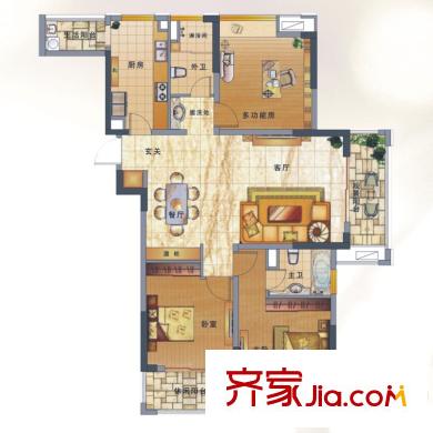 綠地新都會(huì)戶型圖4號(hào)樓、5號(hào)樓高層E戶型 3室2廳2衛(wèi)1廚