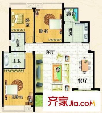 偉夢清水灣戶型圖風(fēng)光無限戶型 3室2廳2衛(wèi)1廚