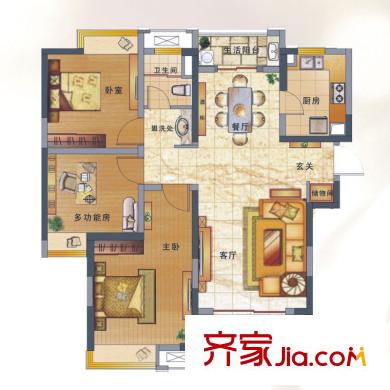 綠地新都會(huì)戶型圖攬湖高層B戶型 3室2廳1衛(wèi)1廚