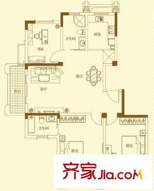 名門世家戶型圖二期小高層B5戶型三房 3室2廳1衛(wèi)1廚