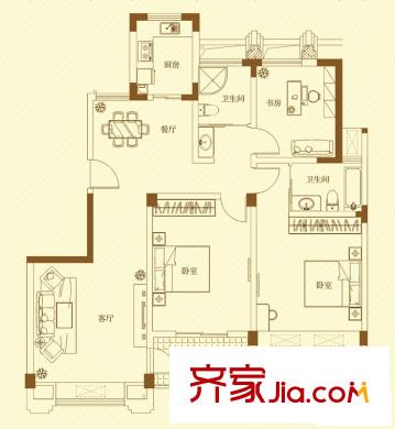 名門世家戶型圖二期小高層B6戶型三房 3室2廳1衛(wèi)1廚