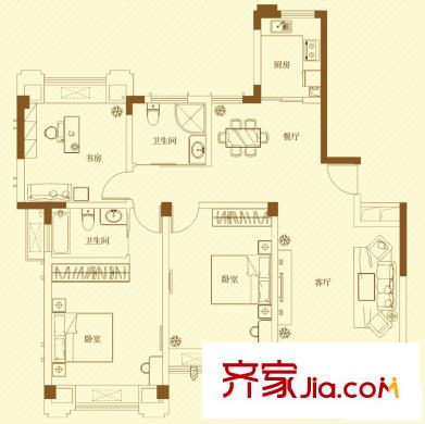 名門世家戶型圖二期小高層B7戶型三房 3室2廳1衛(wèi)1廚