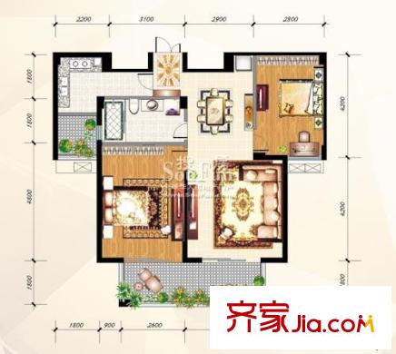 九里象湖城戶(hù)型圖水晶島XG-3戶(hù)型 心藍(lán)麗居 2房2廳1衛(wèi) 90平米 2室2廳1衛(wèi)1廚