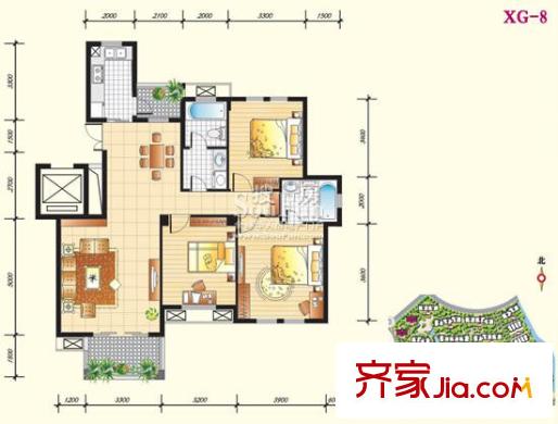 九里象湖城戶型圖XG-8 靜語華庭 3室2廳2衛(wèi)1廚