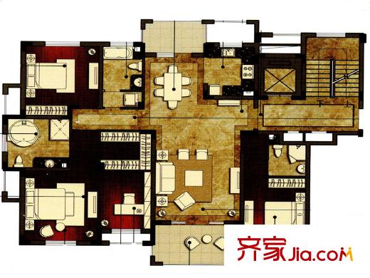 洛城・中央御景户型图 3室2厅3卫1厨