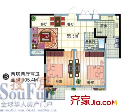 前洲商贸财富中心户型图B 2室2厅2卫