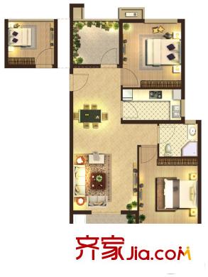 亿丰・锦瑟A3户型 3室2厅1卫1厨