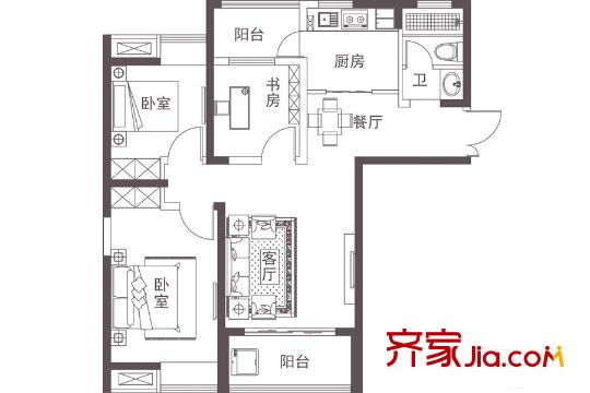 堰湾OK城B1户型 3室2厅1卫1厨