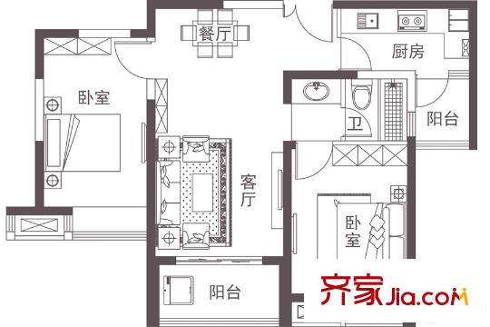 堰湾OK城A户型 2室2厅1卫1厨