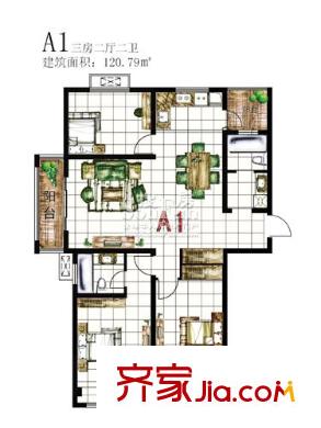 悦欣庭苑户型图7#、8#、9#楼 A1户型 3室2厅2卫
