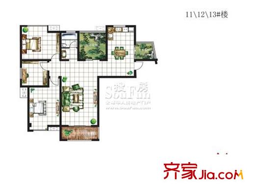悦欣庭苑户型图11#、12#、13#A1户型 3室2厅1卫