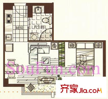 金凤凰商务公寓户型图E户型 1室1厅1卫1厨