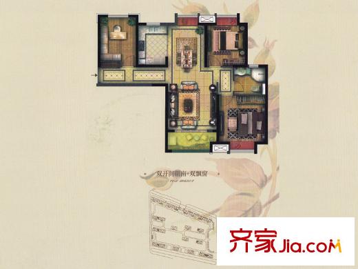 实地・玫瑰庄园C2户型 3室2厅1卫1厨