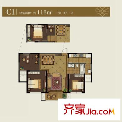 融创天鹅湖丽兹户型图C1户型 3室2厅1卫