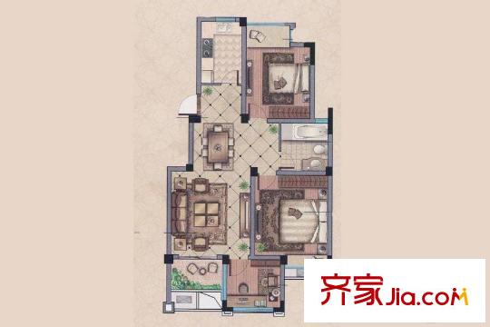 华宇・观澜华府洋房平层D户型 3室2厅1卫1厨